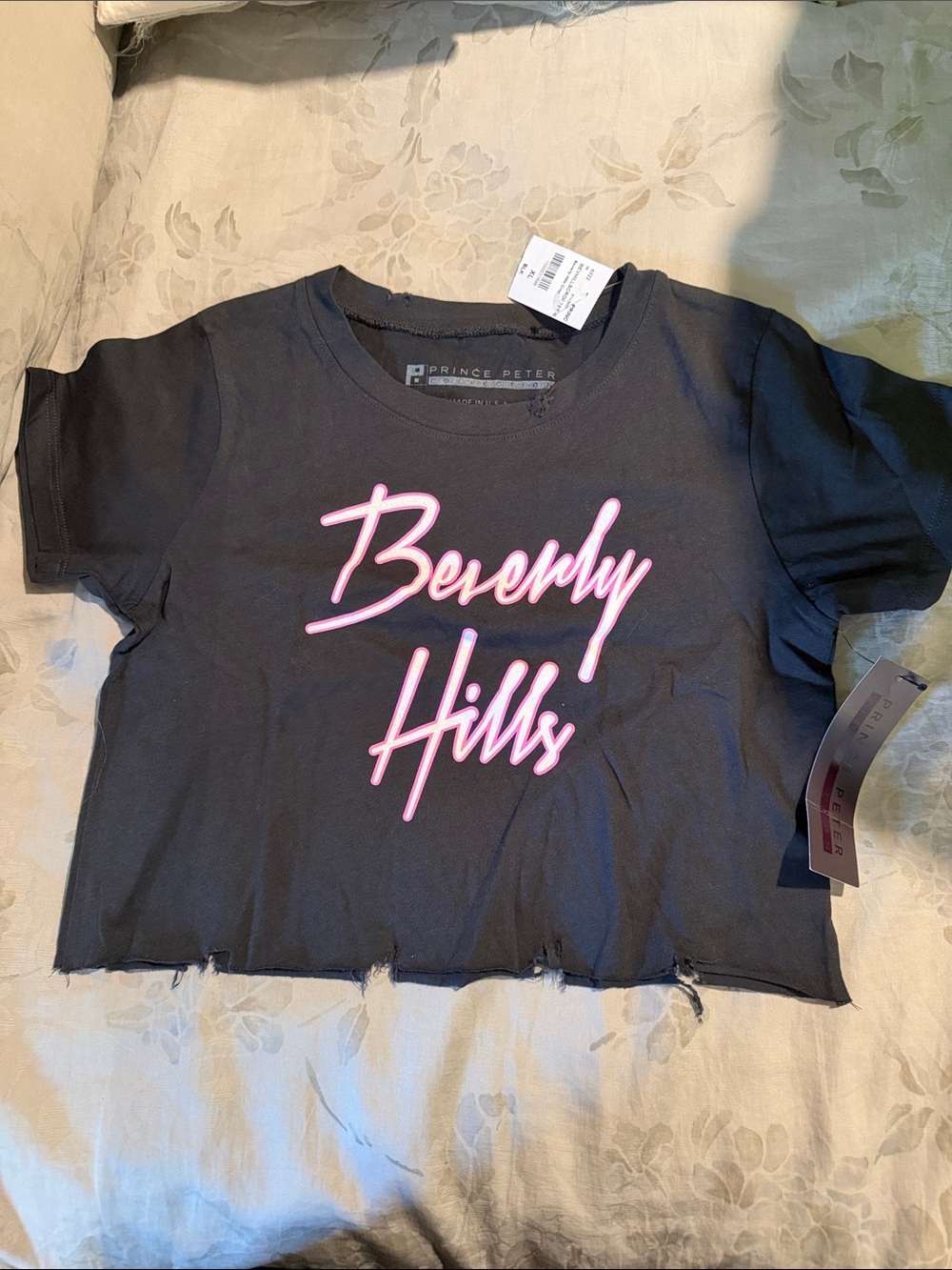 Beverly Hills Graphic Crop Tee - Black with Pink Script